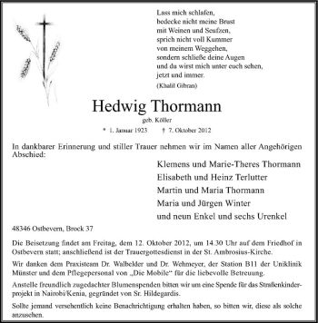 Todesanzeige von Hedwig Thormann von Westfälische Nachrichten