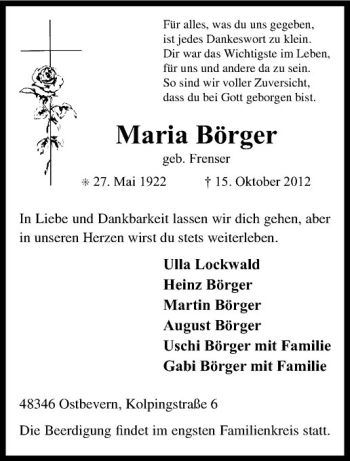 Todesanzeige von Maria Börger von Westfälische Nachrichten