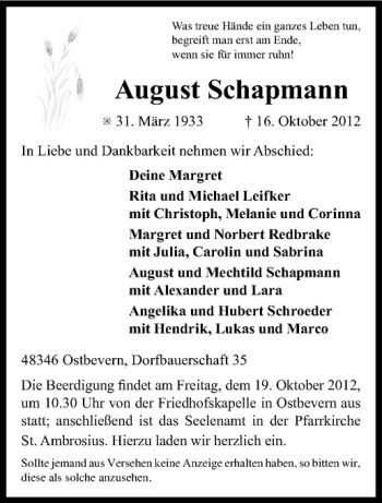Todesanzeige von August Schapmann von Westfälische Nachrichten