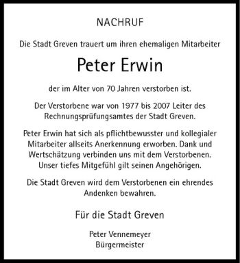 Todesanzeige von Peter Erwin von Westfälische Nachrichten