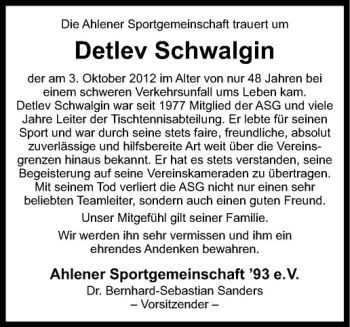 Todesanzeige von Detlev Schwalgin von Westfälische Nachrichten