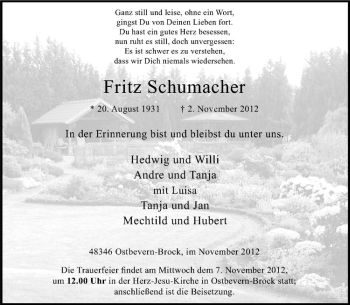 Todesanzeige von Fritz Schumacher von Westfälische Nachrichten