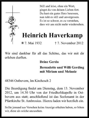 Todesanzeige von Heinrich Haverkamp von Westfälische Nachrichten