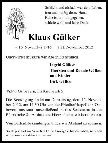 Todesanzeige von Klaus Gülker von Westfälische Nachrichten
