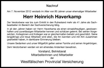 Todesanzeige von Heinrich Haverkamp von Westfälische Nachrichten
