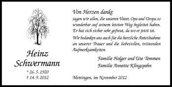 Todesanzeige von Heinz Schwermann von Westfälische Nachrichten
