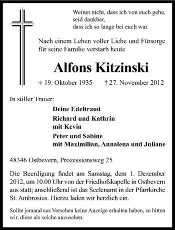 Todesanzeige von Alfons Kitzinski von Westfälische Nachrichten