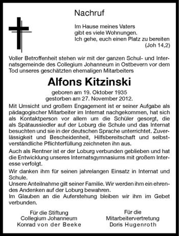 Todesanzeige von Alfons Kitzinski von Westfälische Nachrichten