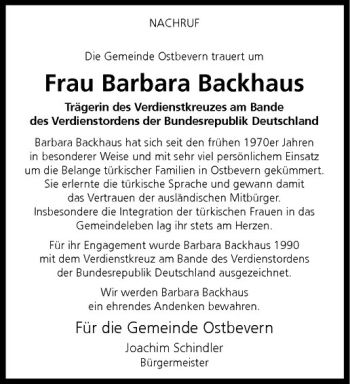 Todesanzeige von Barbara Backhaus von Westfälische Nachrichten