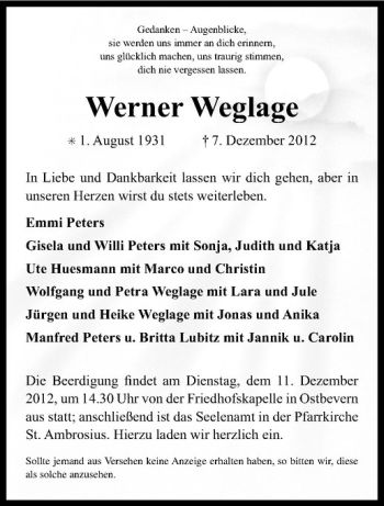 Todesanzeige von Werner Weglage von Westfälische Nachrichten