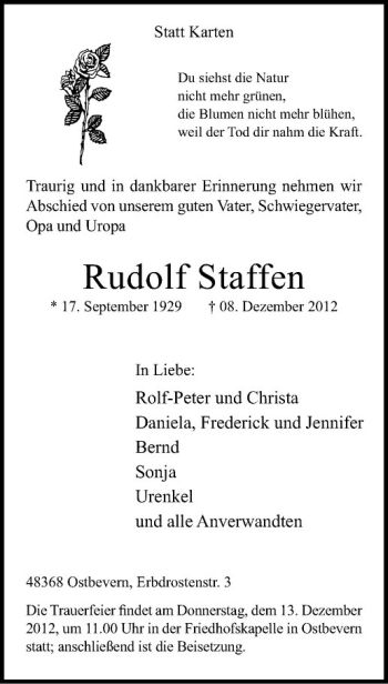 Todesanzeige von Rudolf Staffen von Westfälische Nachrichten