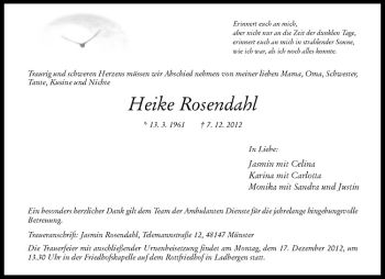 Todesanzeige von Heike Rosendahl von Westfälische Nachrichten