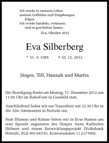 Todesanzeige von Eva Silberberg von Westfälische Nachrichten