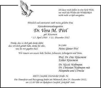 Todesanzeige von Dr. Vera M. Pivl von Westfälische Nachrichten