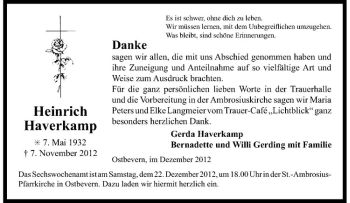 Todesanzeige von Heinrich Haverkamp von Westfälische Nachrichten