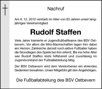 Todesanzeige von Rudolf Staffen von Westfälische Nachrichten