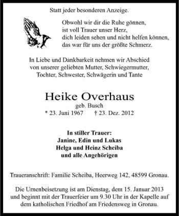 Todesanzeige von Heike Overhaus von Westfälische Nachrichten