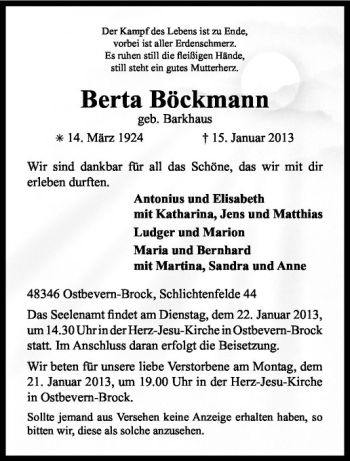 Todesanzeige von Berta Böckmann von Westfälische Nachrichten