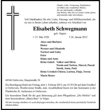 Todesanzeige von Elisabeth Schwegmann von Westfälische Nachrichten