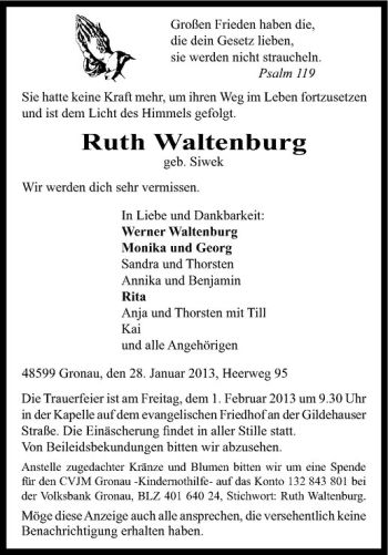 Todesanzeige von Ruth Waltenbrug von Westfälische Nachrichten