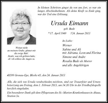 Todesanzeige von Ursula Eimann von Westfälische Nachrichten