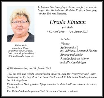 Todesanzeige von Ursula Eimann von Westfälische Nachrichten