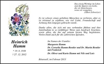 Todesanzeige von Heinrich Hamm von Westfälische Nachrichten