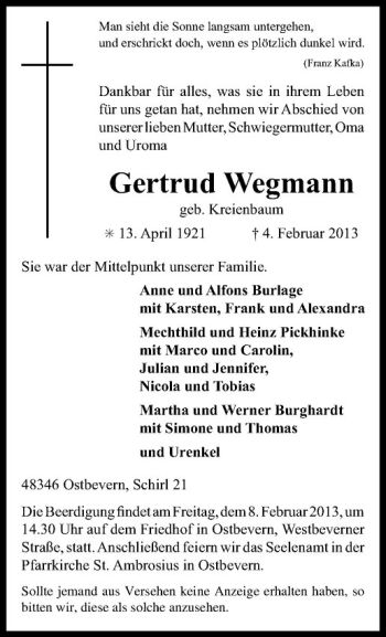 Todesanzeige von Gertrud Wegmann von Westfälische Nachrichten