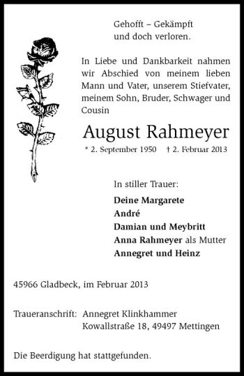 Todesanzeige von August Rahmeyer von Westfälische Nachrichten