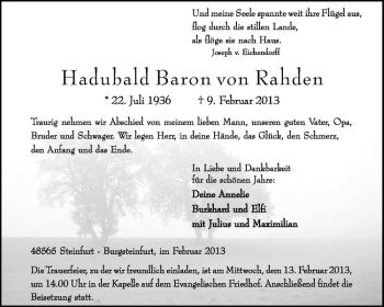 Todesanzeige von Hadubald Baron von Rahden von Westfälische Nachrichten