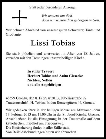 Todesanzeige von Lisse Tobias von Westfälische Nachrichten