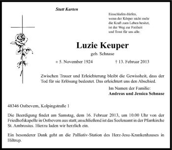 Todesanzeige von Luzie Keuper von Westfälische Nachrichten