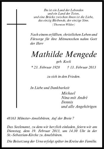 Todesanzeige von Mathilde Mengede von Westfälische Nachrichten