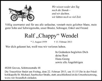 Todesanzeige von Ralf Wendel von Westfälische Nachrichten