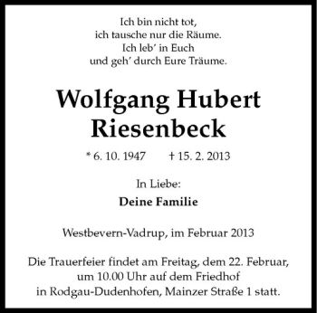 Todesanzeige von Wolfgang Hubert Riesenbeck von Westfälische Nachrichten