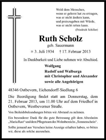 Todesanzeige von Ruth Scholz von Westfälische Nachrichten