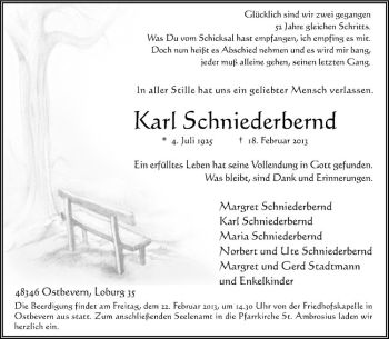 Todesanzeige von Karl Schniederbern von Westfälische Nachrichten