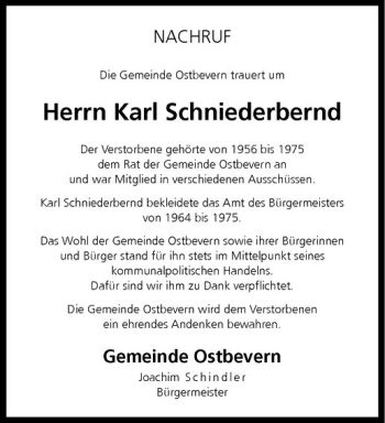 Todesanzeige von Karl Schniederbernd von Westfälische Nachrichten