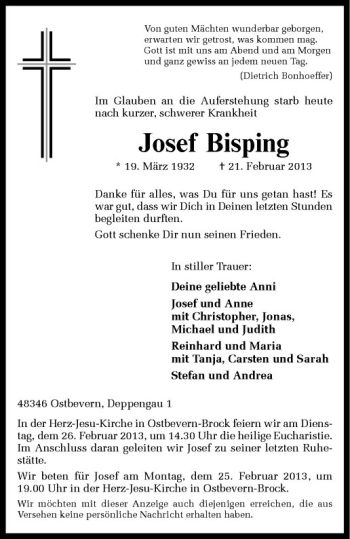 Todesanzeige von Josef Bisping von Westfälische Nachrichten