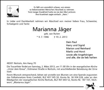 Todesanzeige von Marianna Jäger von Westfälische Nachrichten