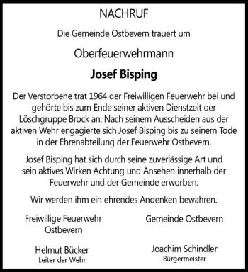 Todesanzeige von Josef Bisping von Westfälische Nachrichten