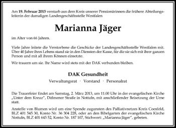 Todesanzeige von Marianna Jäger von Westfälische Nachrichten
