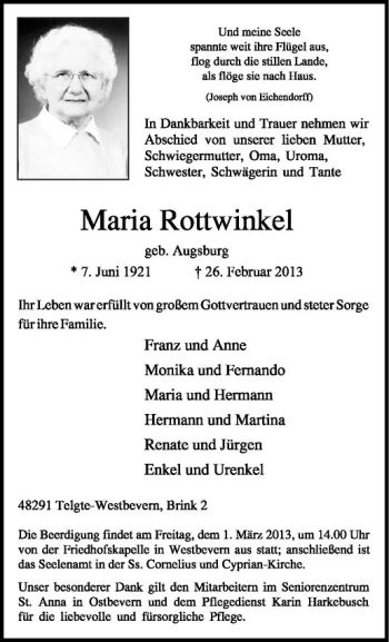Todesanzeige von Maria Rottwinkel von Westfälische Nachrichten