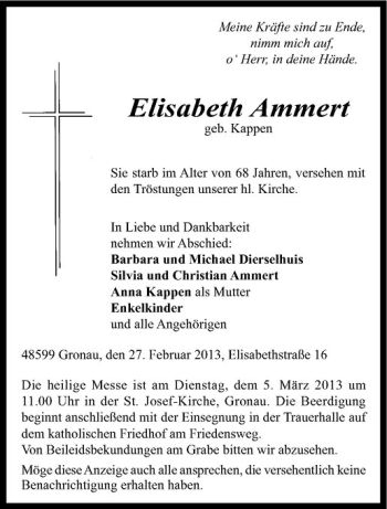 Todesanzeige von Elisabeth Ammert von Westfälische Nachrichten