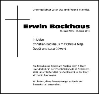 Todesanzeige von Erwin Backhaus von Westfälische Nachrichten
