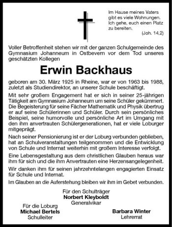 Todesanzeige von Erwin Backhaus von Westfälische Nachrichten
