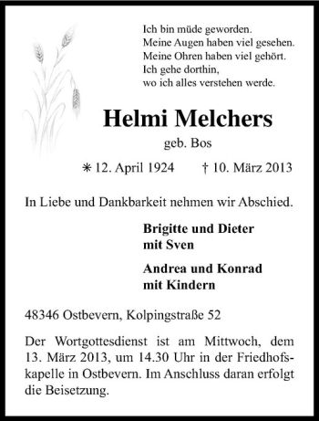 Todesanzeige von Hemi Melchers von Westfälische Nachrichten