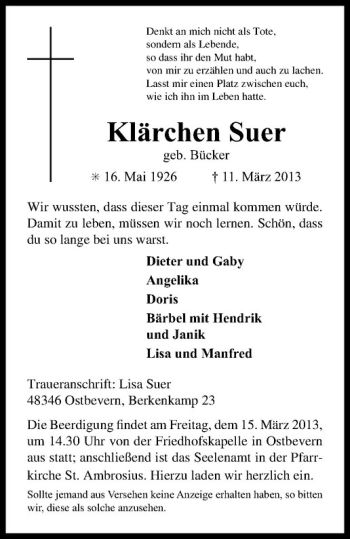 Todesanzeige von Klärchen Suer von Westfälische Nachrichten