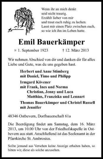 Todesanzeige von Emil Bauerkämper von Westfälische Nachrichten