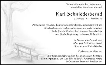 Todesanzeige von Karl Schniederbernd von Westfälische Nachrichten